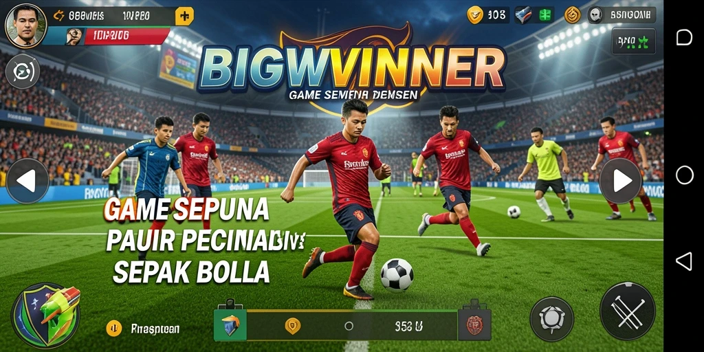 Gameplay seru BIGWINNER dengan aksi sepak bola intens.