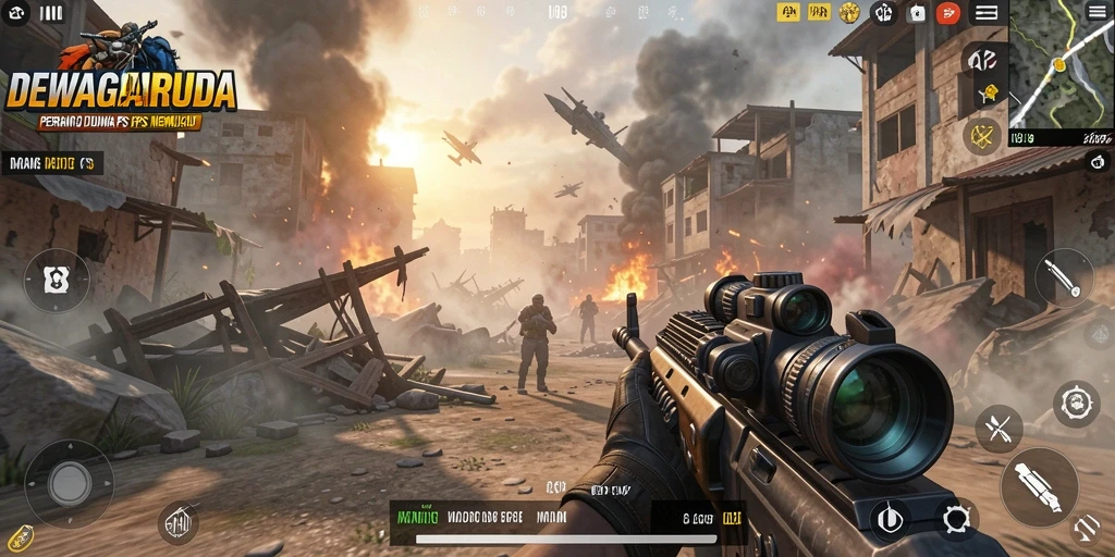Gameplay intens dalam DEWAGARUDA dengan aksi FPS yang mendebarkan.