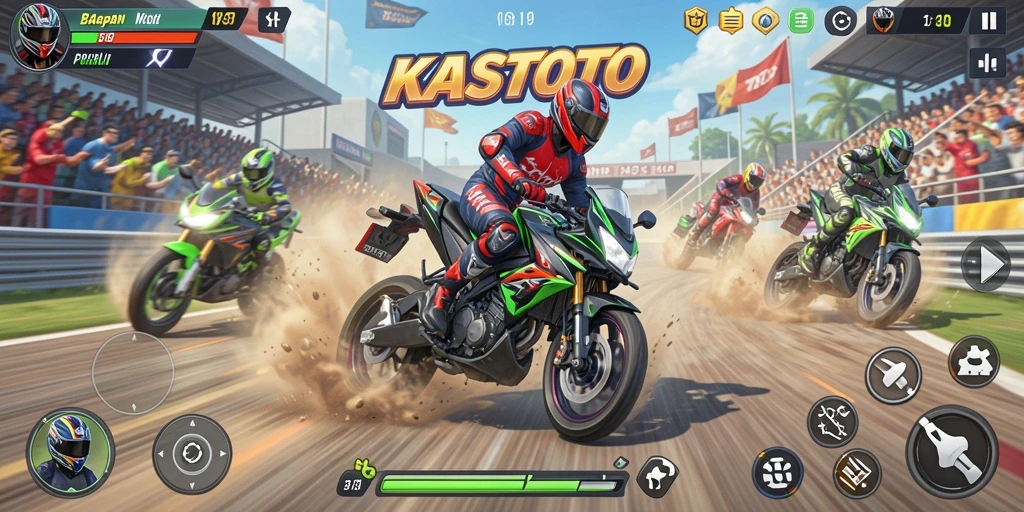 Screenshot KASTOTO menampilkan balapan motor yang intens dan aksi mendebarkan.