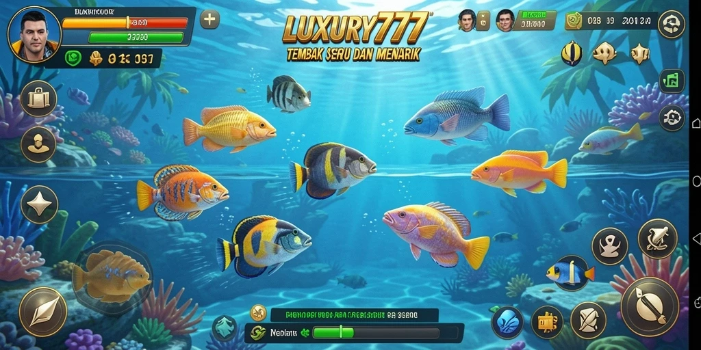 Screenshot gameplay LUXURY777 menampilkan aksi menembak ikan yang mendebarkan.