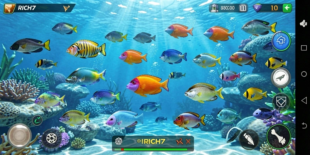 Tampilan gameplay RICH7 dengan aksi menembak ikan yang seru.